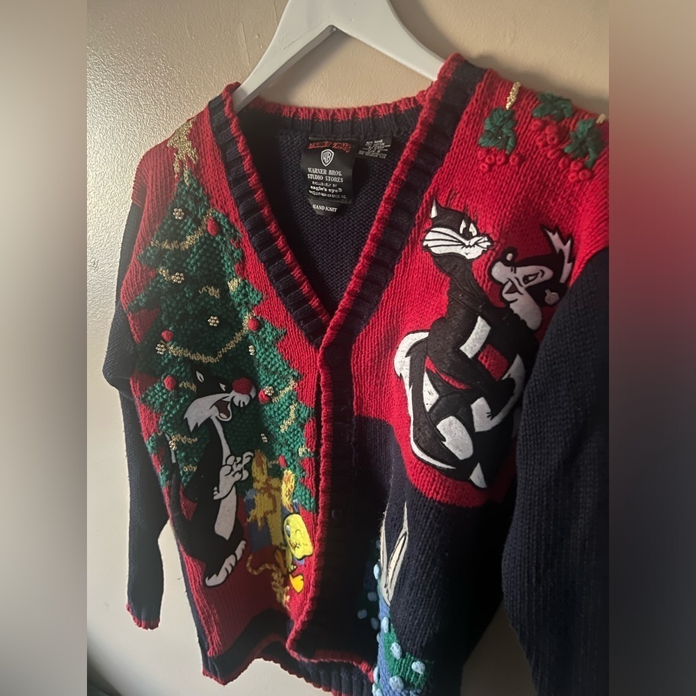 VINTAGE 1995 LOONEY TUNES/WARNER BROS.EAGLES EYE HAND KNIT XMAS SWEATER SIZE S - Picture 7 of 12